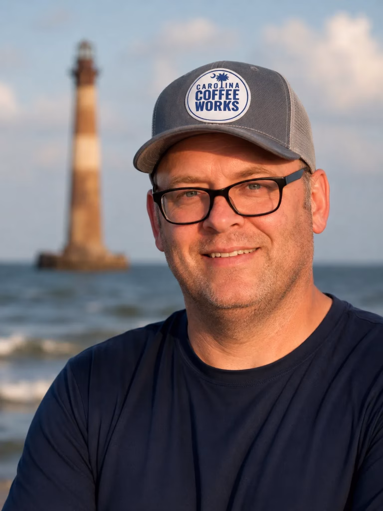 Carolina Coffee Works Geoff Chewning Morris Island Lighthouse Carolina Coffee Works founder Geoff Chewning in front of the Morris Island Lighthouse